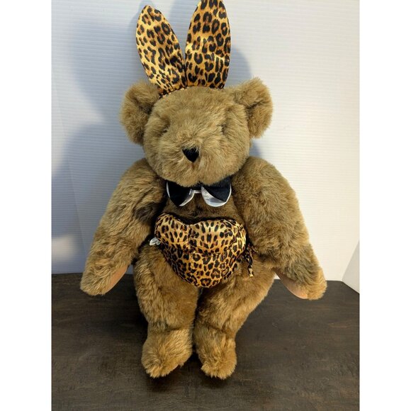 Vermont Teddy Bear Playboy Bunny Style 15" Stuffed Plush Animal Leopard Print - Picture 1 of 13